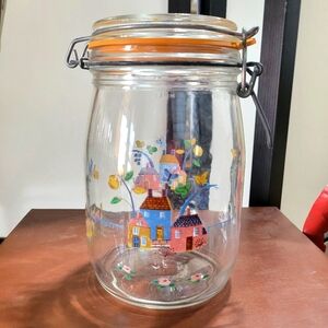 ARC France Vintage Colorful Village Design Glass Jar